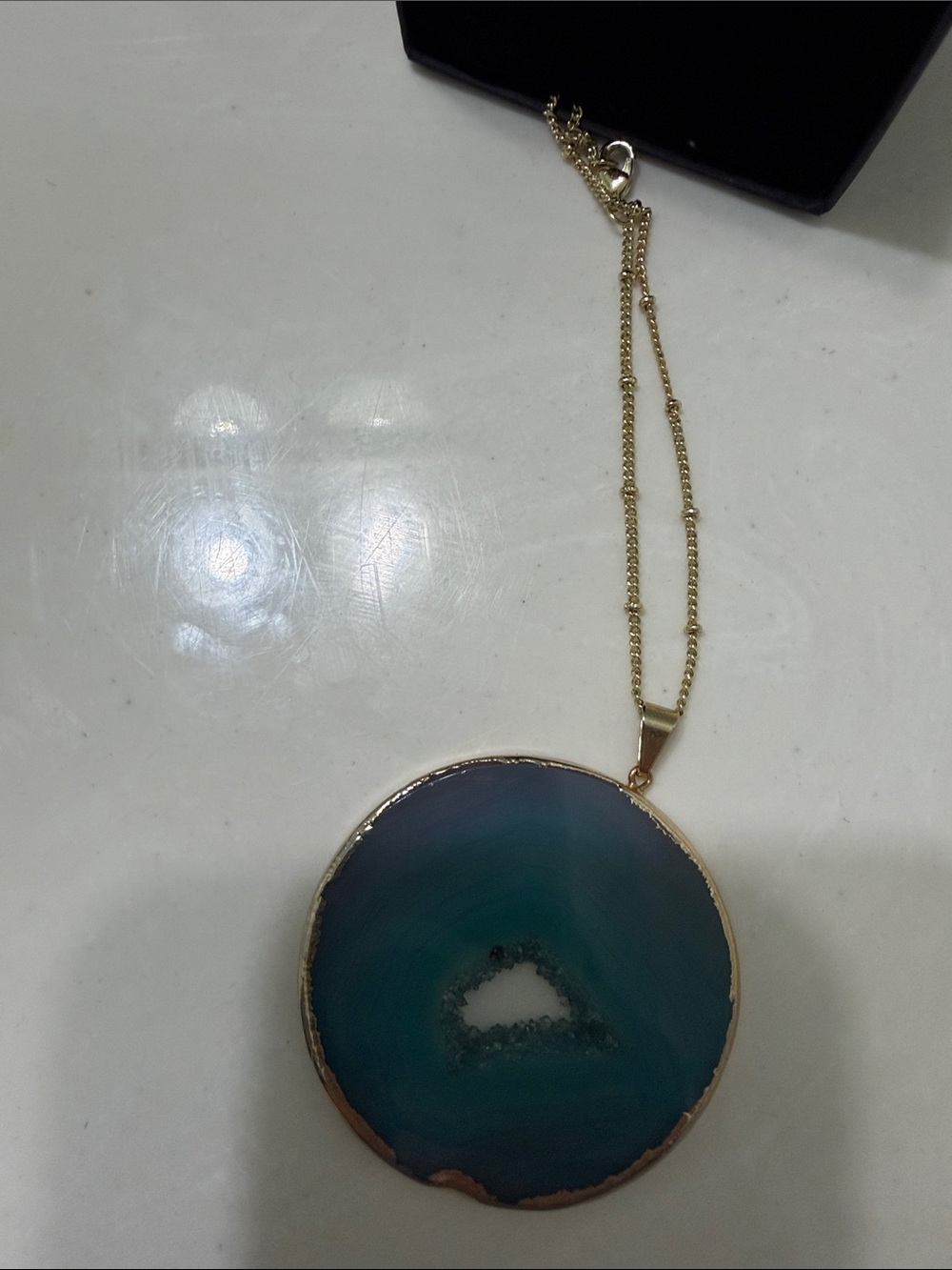 Gold-Trim Teal Agate Pendant Necklace by